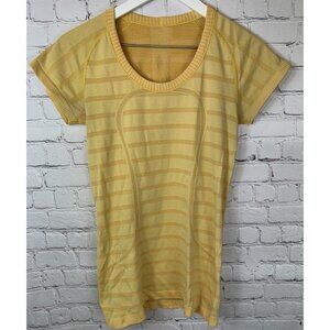LULULEMON Sea Wheeze 2013 Yellow Striped Swiftly Scooped Tech SS Shirt Top Sz 8